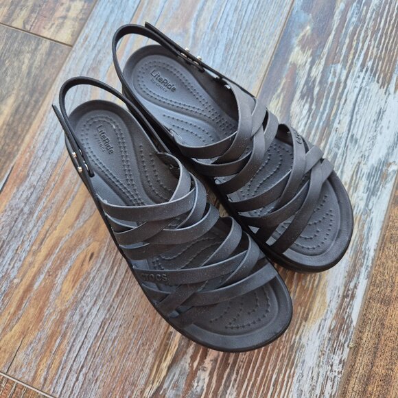 CROCS Brooklyn Strappy Slingback Platform Sandal Comfort LiteRide Buckle Black - Picture 6 of 13